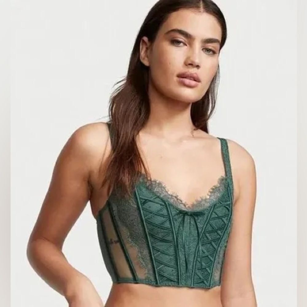 Victoria’s Secret Green Lace Corset Bustier Crop Top Lingerie-Inspired Size L